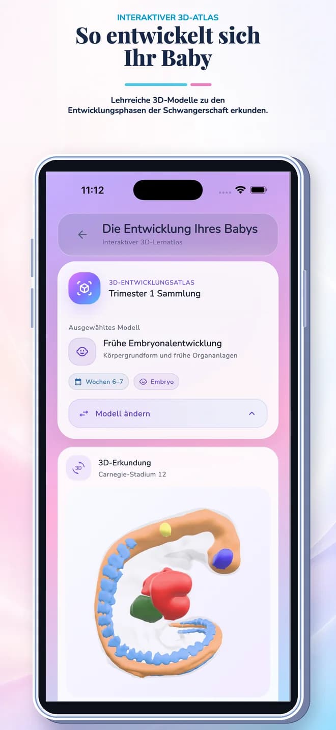 Ansicht der Schwangerschaftstracker-App mit Wochenentwicklung und persönlichen Protokollfunktionen