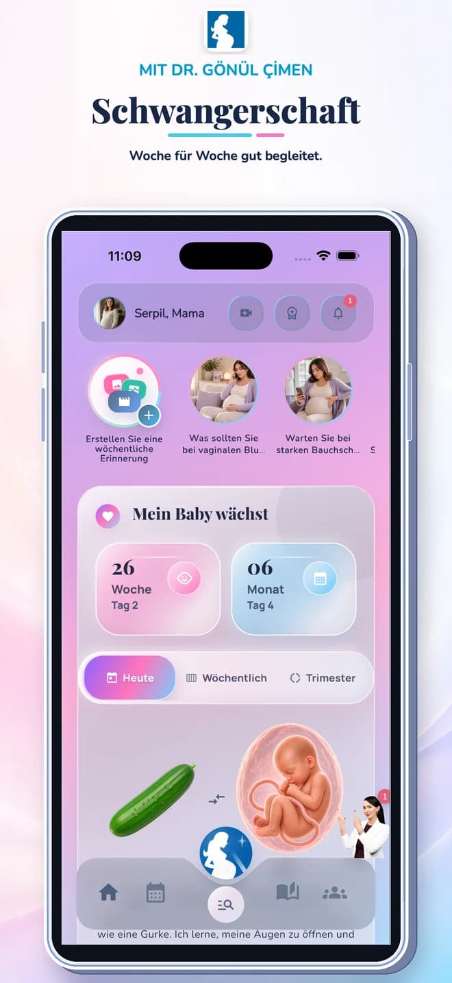 Ansicht der Schwangerschaftstracker-App mit Wochenentwicklung und persönlichen Protokollfunktionen