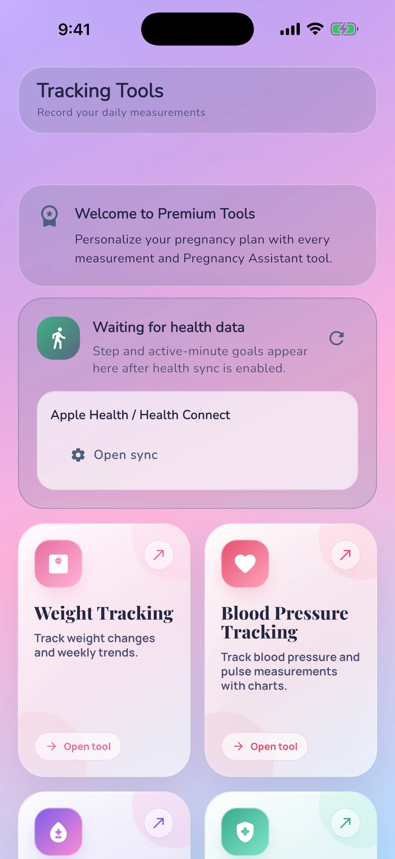Pregnancy Tracker app tracking tools screen