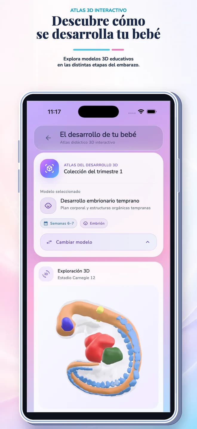 Pantalla de la app de seguimiento del embarazo con información semanal sobre el desarrollo y herramientas de seguimiento personal