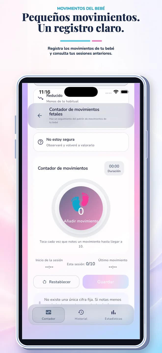 Contador de movimientos fetales — Pantalla de herramientas de seguimiento de la app de seguimiento del embarazo
