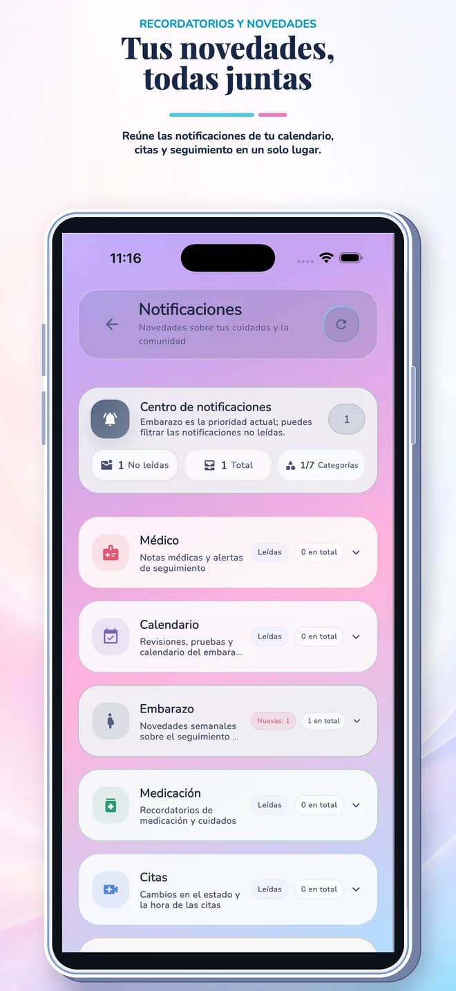 Centro de notificaciones de la app de seguimiento del embarazo