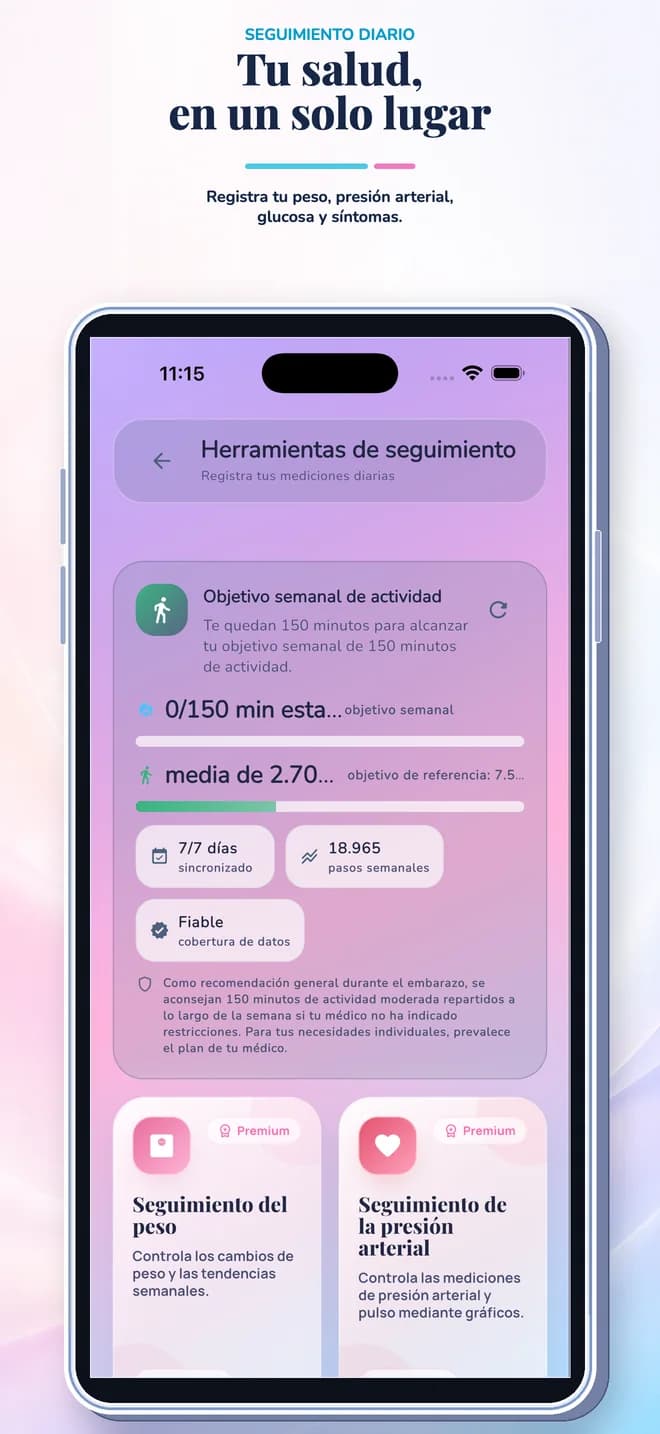 Pantalla de herramientas de seguimiento de la app de seguimiento del embarazo