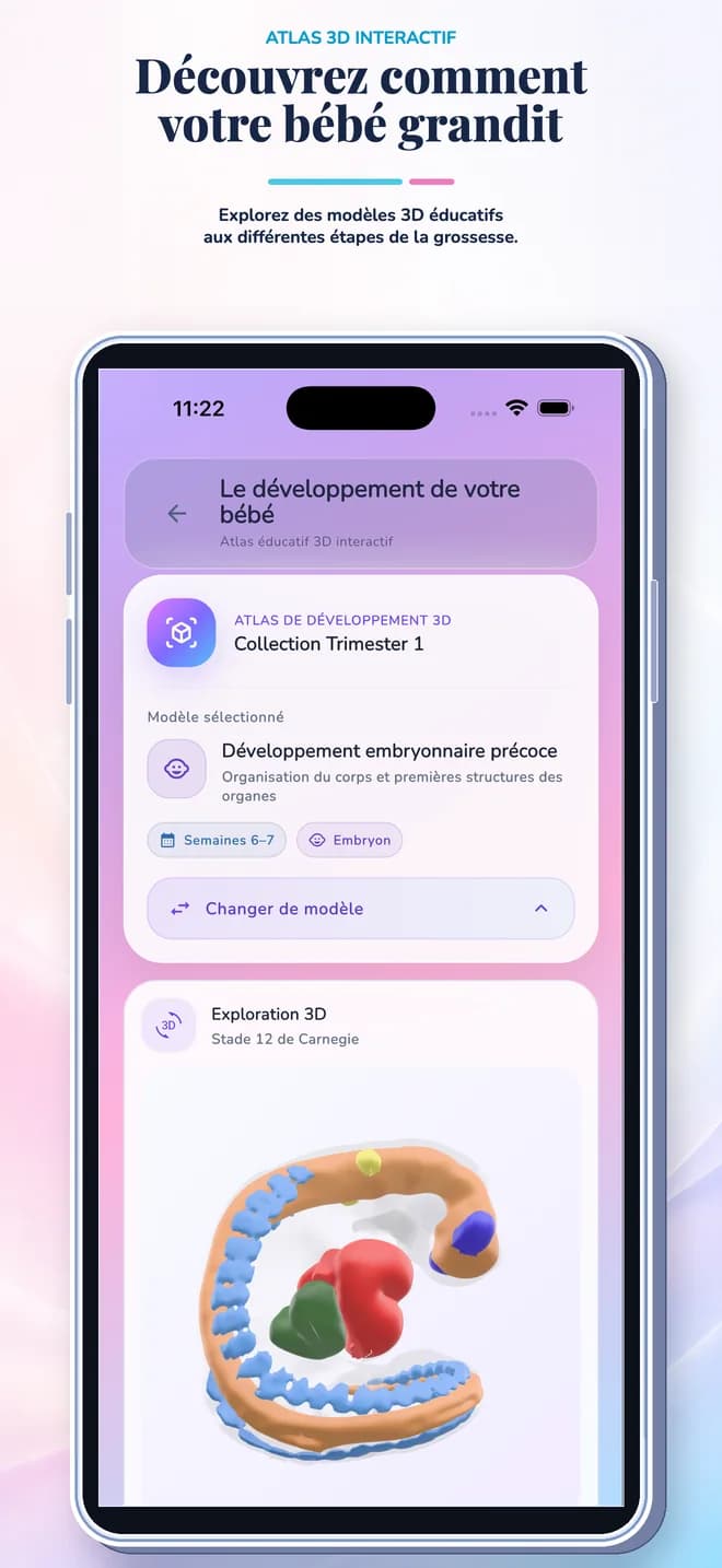 Écran de l'application Pregnancy Tracker avec outils de suivi hebdomadaire du développement et de suivi personnel.