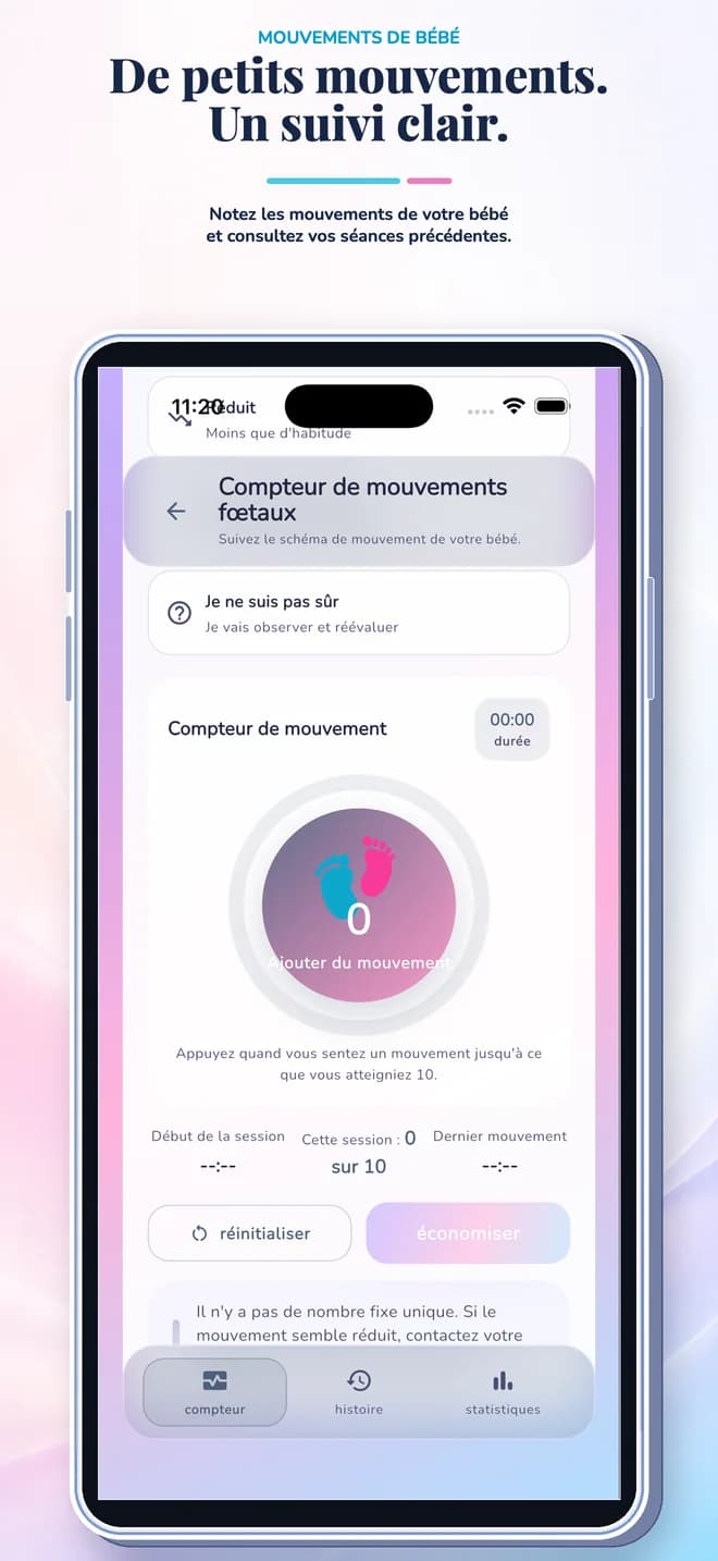 Compteur de mouvements fœtaux — Écran des outils de suivi de l'application Pregnancy Tracker