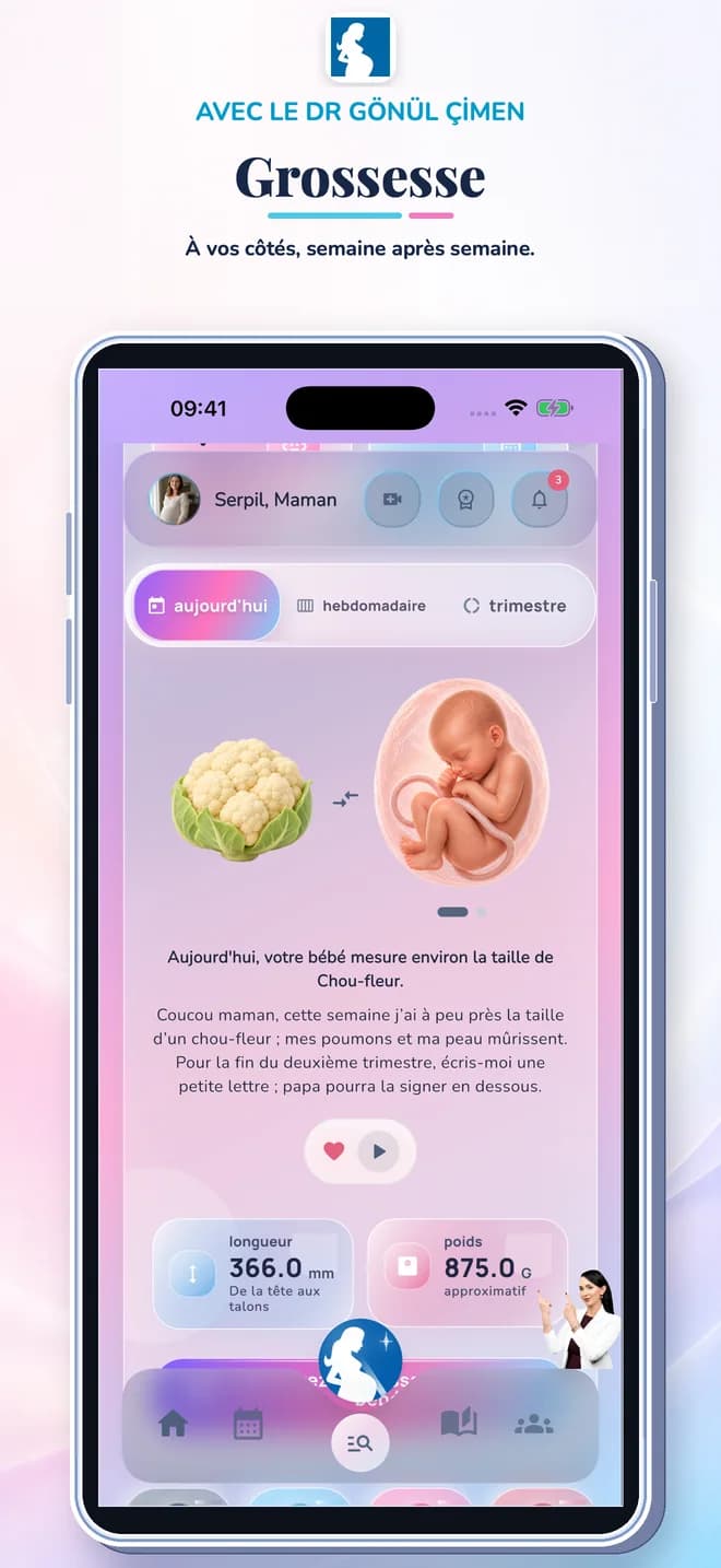 Écran de l'application Pregnancy Tracker avec outils de suivi hebdomadaire du développement et de suivi personnel.