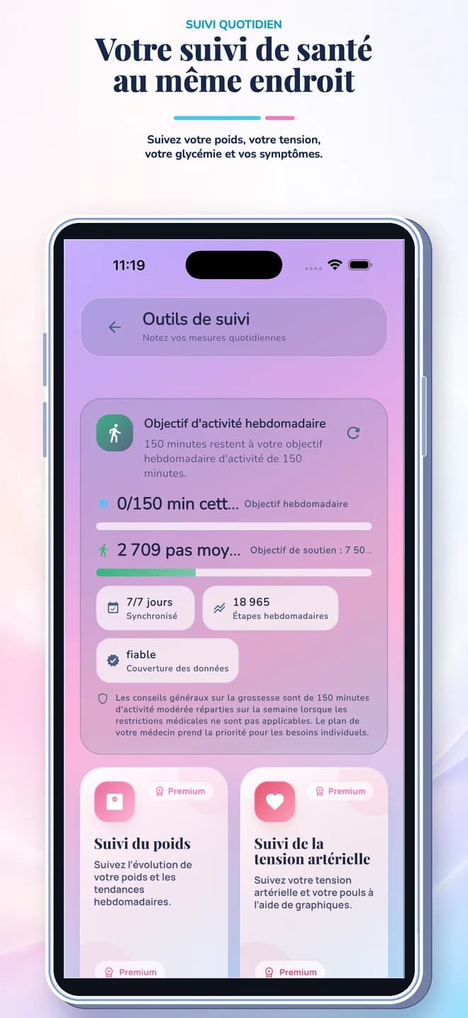 Écran des outils de suivi de l'application Pregnancy Tracker