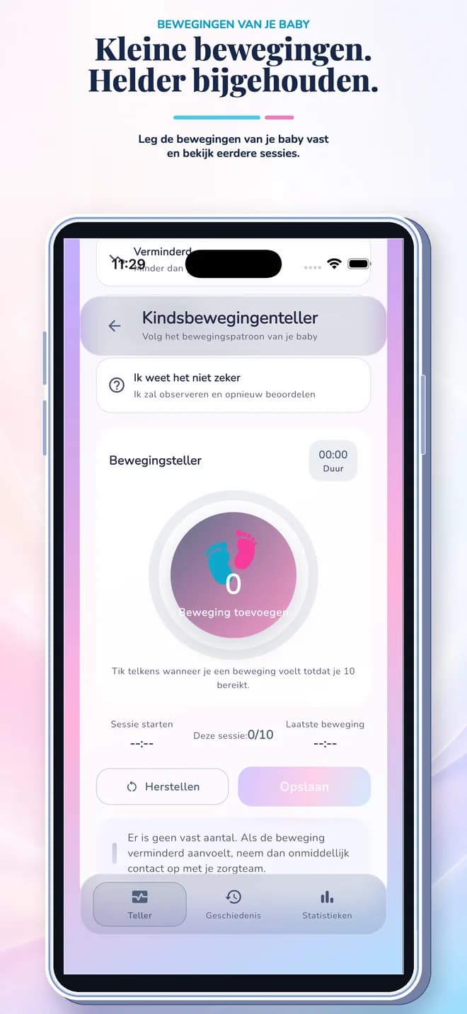 Kindsbewegingenteller — Scherm van de trackingtools van de zwangerschapstracker-app