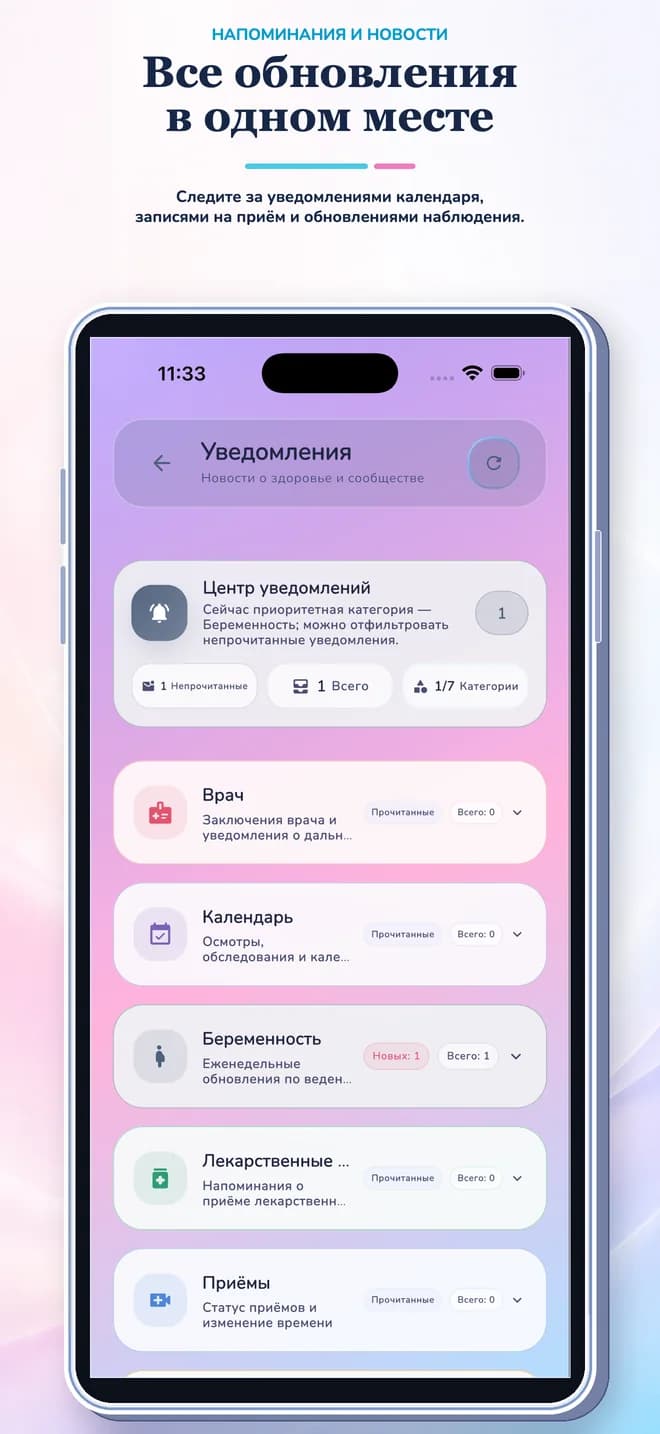 Центр уведомлений приложения для отслеживания беременности